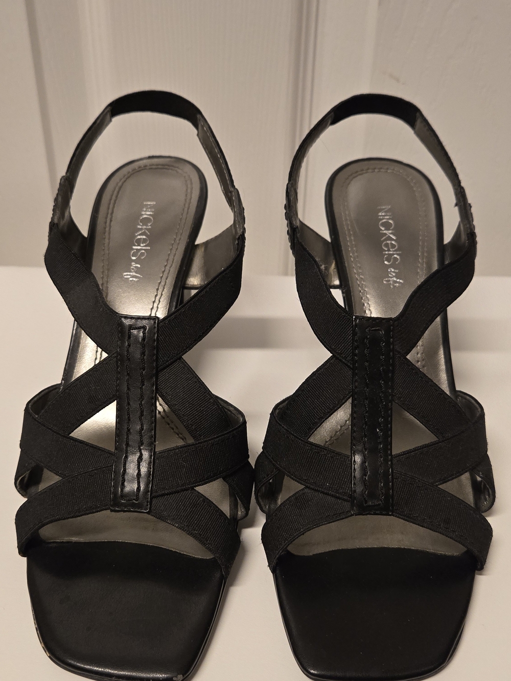 Nickels Black Strappy Slingback Heels with Cross-Strap Detail